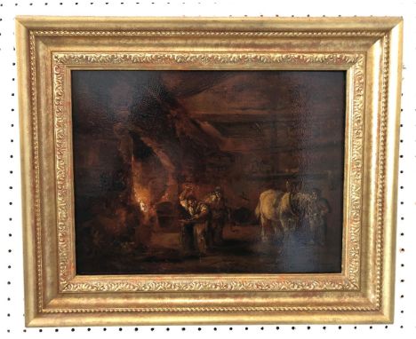 John Joseph Barker of Bath (1824-1904) - 'The Shoeing Forge', oil on panel, signed lower right with inscribed Bath and West a
