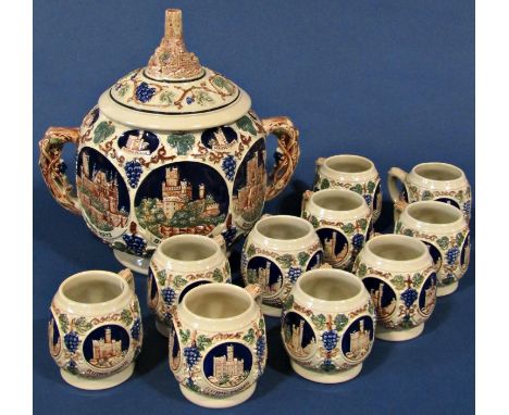 A c1920-30's German ceramic punch/gluhwein pot/bowl with lid & 10 matching cups, by Gerz of Germany, featuring castles of Ger