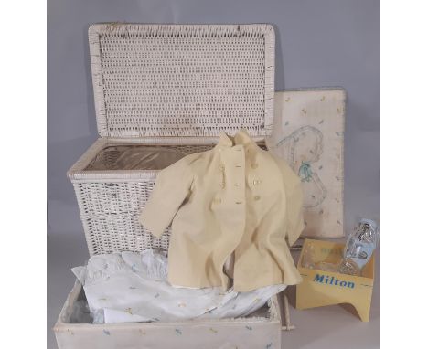 Vintage wicker trunk with satin lining, castors and internal removable shelf, filled with baby clothes (Chilprufe coats and s