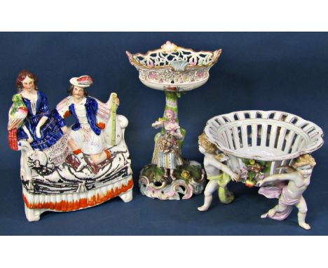 Continental porcelain table centre, the oval pierced basket supported on a column with female flower seller, set on a scrolle