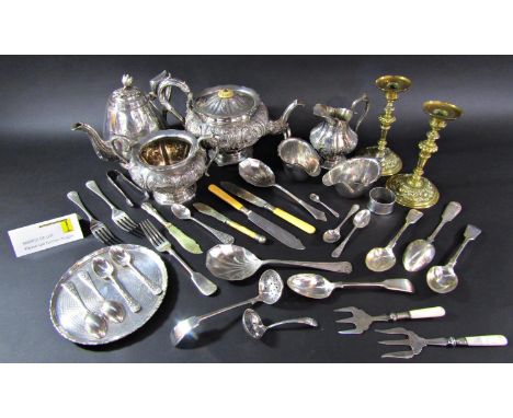 A silver plated three piece tea service, a pair of Georgian style sauce boats, a cased set of fish knives and forks, a pair o