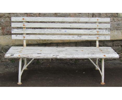 A vintage painted metal framed garden bench with slatted wooden seat and back, 140 cm wide 