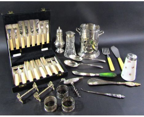 A silver plated wine bottle cooler, a Mallard corkscrew, a silver plated cake dish, fish serving set, sugar sifter, a collect