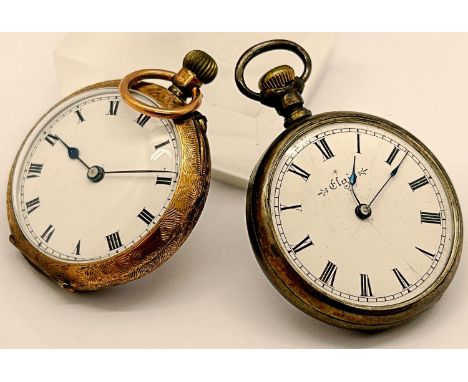 9 carat gold fob watch with engine turned detail and enamelled dial, together with a further silver example 