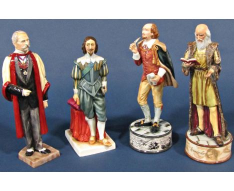 Four bone china figures comprising Royal Doulton William Shakespeare, Leonardo Da Vinci, King Charles I, and a Bronte china f