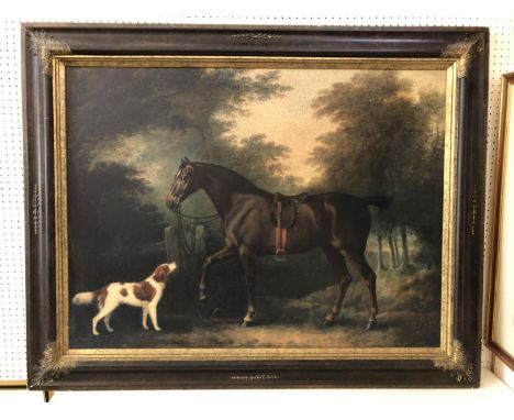 After George Stubbs (1724-1806) - Bay Horse with dog, framed print on canvas with craquelure finish, 77 x 104 cm (excluding f