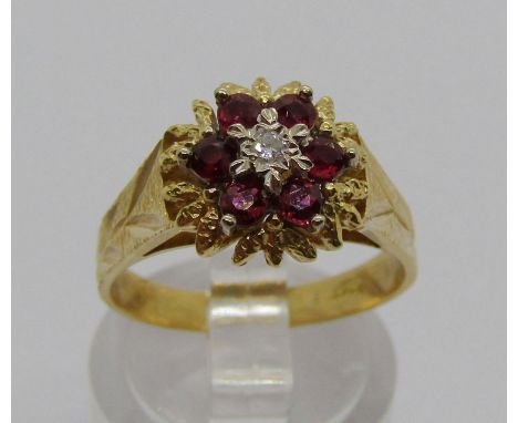 Vintage 18ct ruby and diamond cluster ring, size M/N, 4.7g 