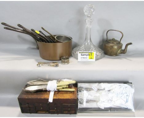 A selection of silver plated Apostle spoons, glass decanter, a wooden box, a pair of silver plated salad servers in the form 