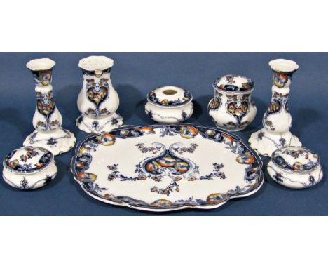 A Losel ware dressing table set comprising a pair of candlesticks, lidded pots, talcum powder shaker, and tray, together with