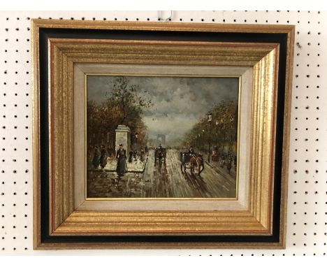 Paris Street Scene - unsigned, oil on panel, 22 x 27 cm, gilt bevel frame 