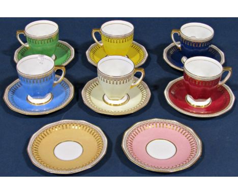 Six colourful Copeland Spode Ryde coffee cups and saucers, two extra saucers, together with a collection of Paragon china tea