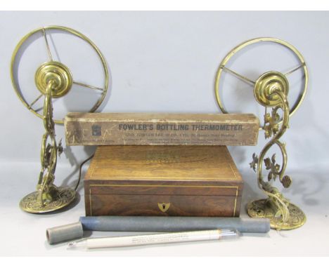 A Fowler’s Bottling Thermometer in it’s original box, a pair of Victorian brass Gothic wall sconces, and a mahogany cigar box
