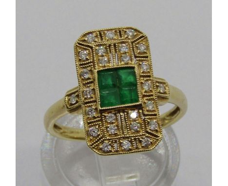 Art Deco style 14ct emerald and diamond panel ring, size K/L, 3.6g 