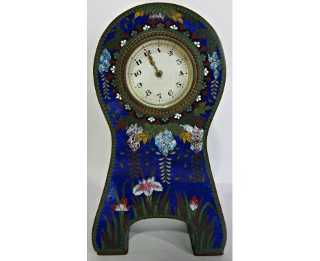 An Art Deco style cloisonné mantel clock, 20cm tall and a blue fish scale pattern cloisonné trinket box 