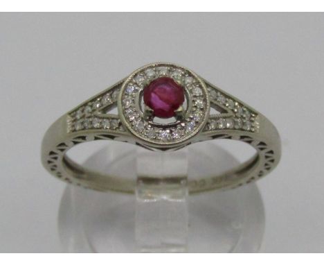 14k white gold ruby and diamond halo style ring, size O/P, 2.7g 