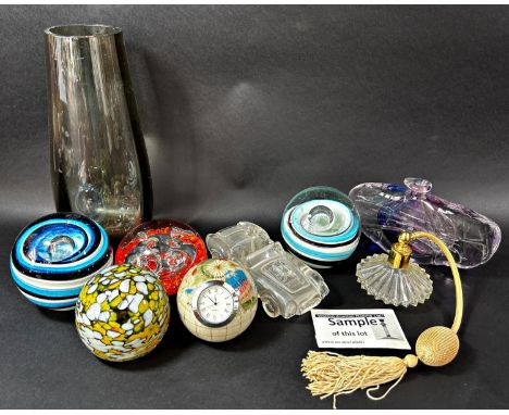 A miscellaneous collection of Murano style Art Glass animal figures, paperweights, desk top open top sports car, an atomiser,