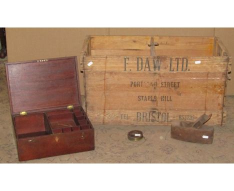 19th century mahogany work box with hinged lid and partially segmented interior, together with a vintage block plane, tape me
