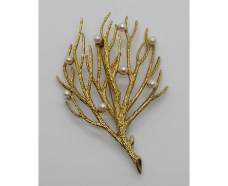 1960s 9ct pearl brooch of naturalistic branch coral form, maker 'ELd', 7.7.g