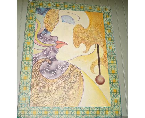 A collection of three large oil paintings on board in the art deco manner, one of a stylised female head in profile, the othe
