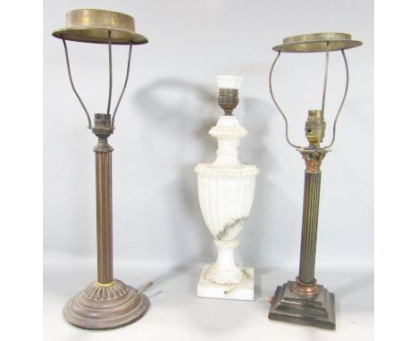 A pair of brass Corinthian column table lamps, both with shade supports, 33cm column height, and a fluted marble vase shaped 