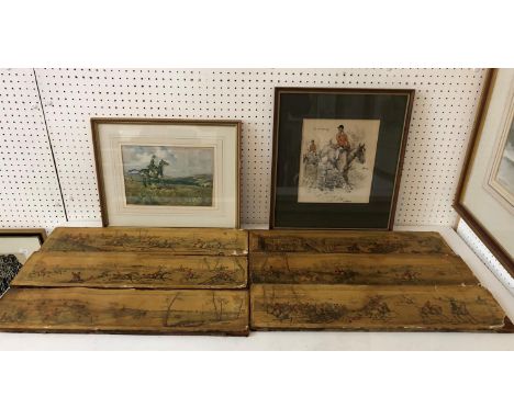 Six prints to include: After Henry Alken (1784-1851) - set of six hand-coloured aquatints, 13.5 x 57 cm each, card on stretch