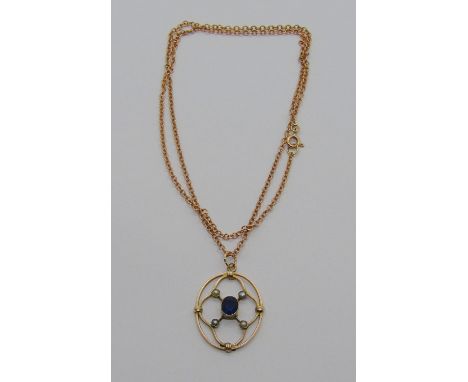 Edwardian 9ct paste and seed pearl pendant necklace, maker T&amp;S, 6.1g 