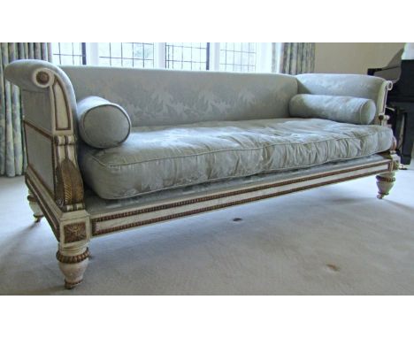 A fine quality Regency style sofa by Julian Chichester, the painted frame in white and gilt, with acanthus beaded and other d