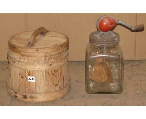 A vintage Blow glass butter churn, together with a coopered oak and staved tapered dairy tub and cover (2) 