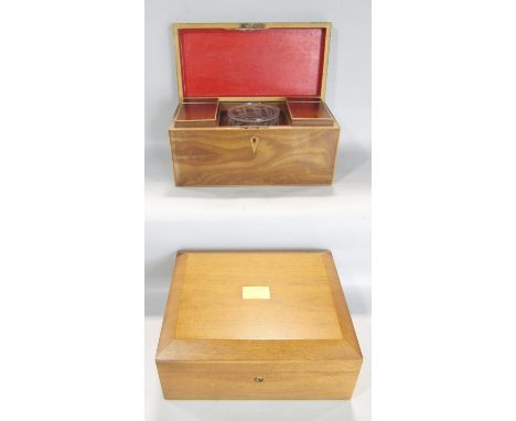 A Georgian mahogany tea caddy, the interior fitted with two compartments and original etched glass bowl, together with cigar 