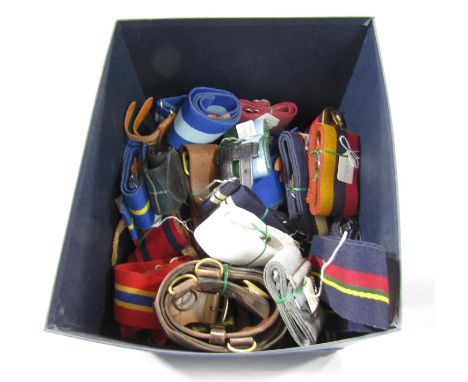 A box containing a quantity of military belts, Royal Engineers, Para Troop, Light Infantry, Army Cadets, etc, (50 approx) 