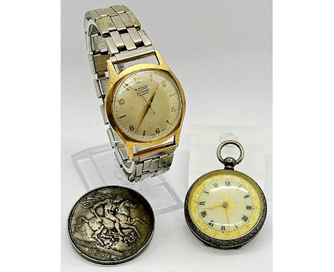 A Rotary Inca Bloc gent's wristwatch with a Dennison 9ct gold back plate, a further 19th century continental fob watch with e