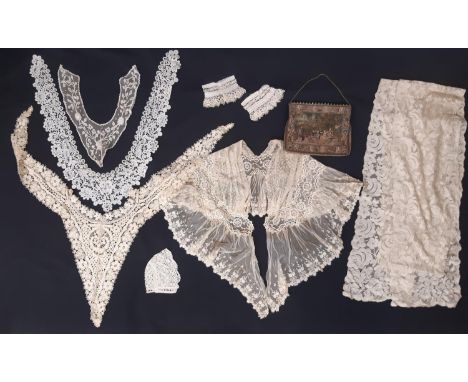 Collection of late 19th/ early 20th century lace including a silk lace scarf 2.84m, a pair of finely worked lace cuffs, a bab