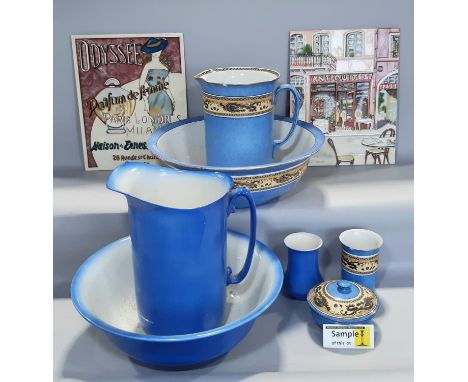 A Grimwades Ming pattern toilet set, two embossed ceramic wall panels showing an antique shop, etc