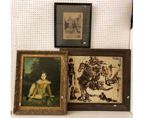 THREE FRAMED ARTWORKS: 20th Century Abstract - indistinctly signed and dated above, oil on board, 50 x 60 cm; After Hans Volk