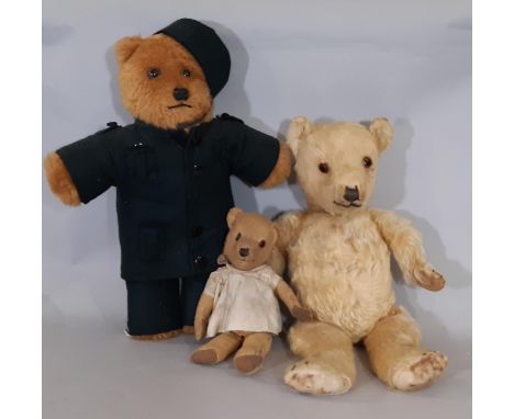 3 teddy bears including a mid 20th century Chiltern type bear with stitched nose, mouth and claws, and long golden plush, hei