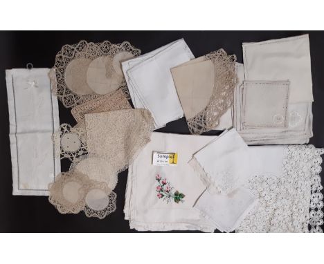 Small boxful of vintage table linen including good quality white cloths with embroidery, lace crochet borders, linen napkin s