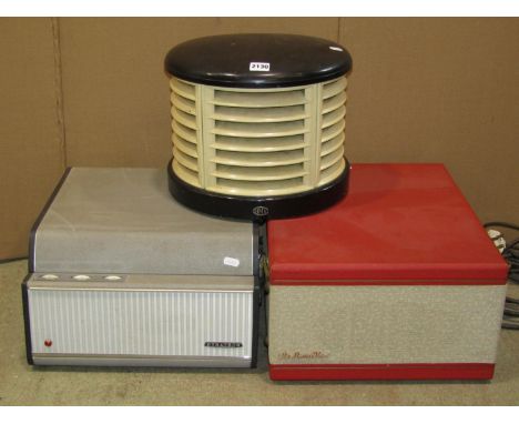 A vintage 'His Masters Voice' cased mains record player together with a further Dynatron example with Garrard turntable and a