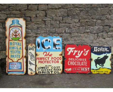 Five vintage style hand painted on white board signs of varying size advertising Royal Vinola Toothpaste, Bovril, Spratts, Fr