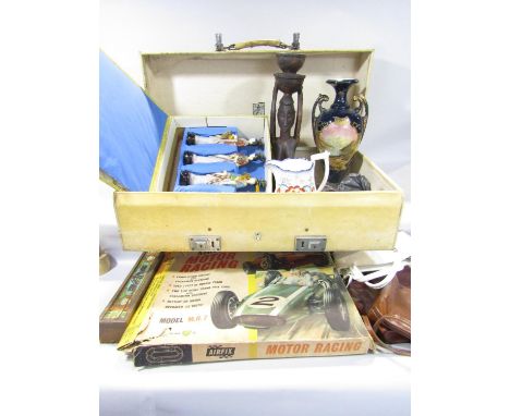 A Revlation velum suitcase containing an Airfix motor racing layout, model MR7, and Edwardian oviform vase with landscape pan