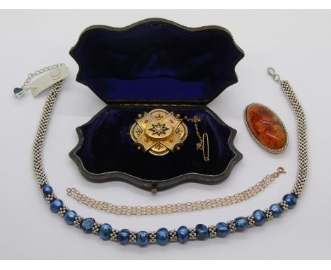 Victorian yellow metal brooch set with a central pearl, 13.1g, contained in an associated period case, together with a 9ct tr