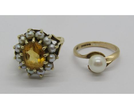 9ct citrine and pearl cluster ring, size N and a further 9ct pearl crossover ring, size H/I, 7.2g total 
