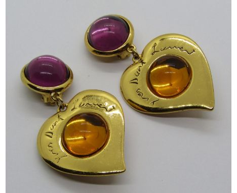 Yves Saint Laurent pair of heart shaped drop earrings set with amethyst and amber coloured cabochons, stamped 'Made In France