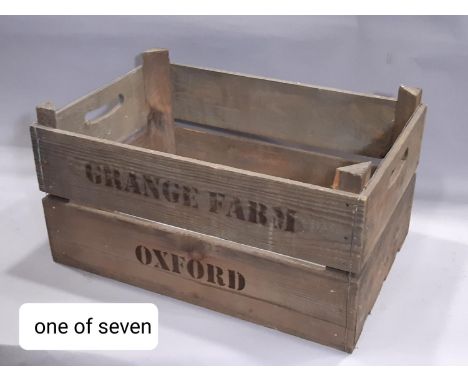 A stack of seven vintage style wooden rectangular potato/fruit crates with printed lettering Grange Farm, Oxford, 55 cm wide 