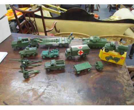 Ten vintage Dinky Army vehicles to include a Thornycroft Mighty Antar, Tank Transporter, Centurion Tank, Army Water Tanker wi