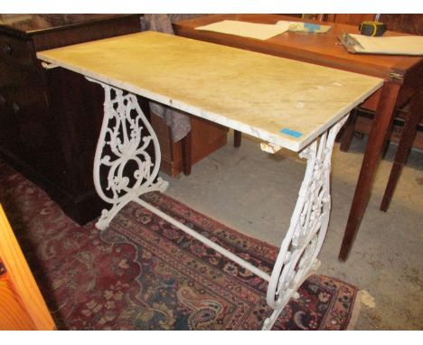 A vintage white painted metal garden table, with marble top 71cm h x 92cm w x 50cm Location: G 