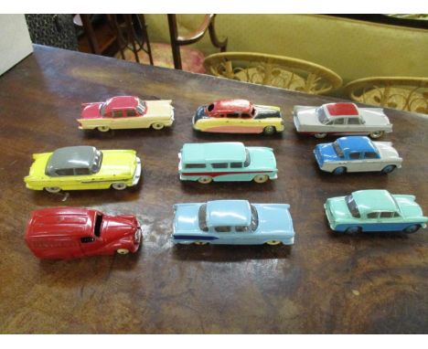 Nine vintage Dinky cars to include a 471 Austin Nestle van, 180 Packard Clipper Sedan, Hudson Sedan, 174 Hudson Hornet, 173 N