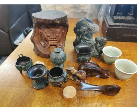 A collection of Asian works of art to include a Japanese carved wood demon mask, possibly Raijin, 14.6 cm high, together with