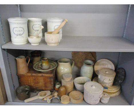 A vintage pine box, mixed pottery and kitchen items to include shortbread moulds and othersLocation: 4:4/4:5 