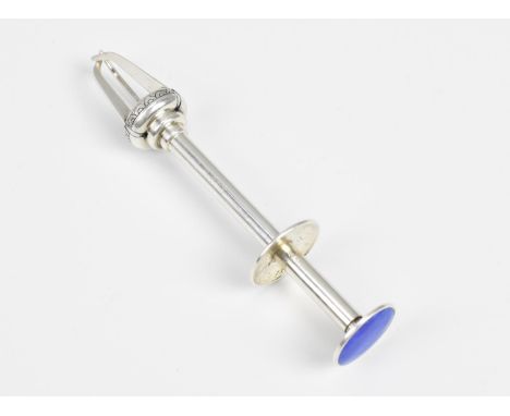 A Norwegian silver and enamel mechanical ice cube tongs by Askel Holmsen, having blue enamel button finial with floral scroll