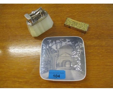 An Onyx Ronson table lighter, a Dunhill lighter A/F and a Copenhagen trinket dishLocation: Porters 